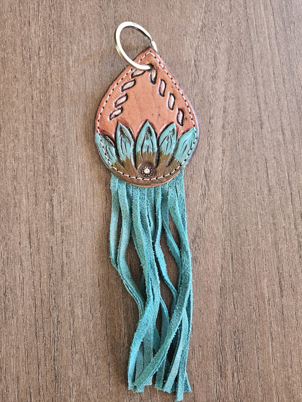 Turquoise and Tan Leather Hand Pained Keychain With Fringe- NWOT